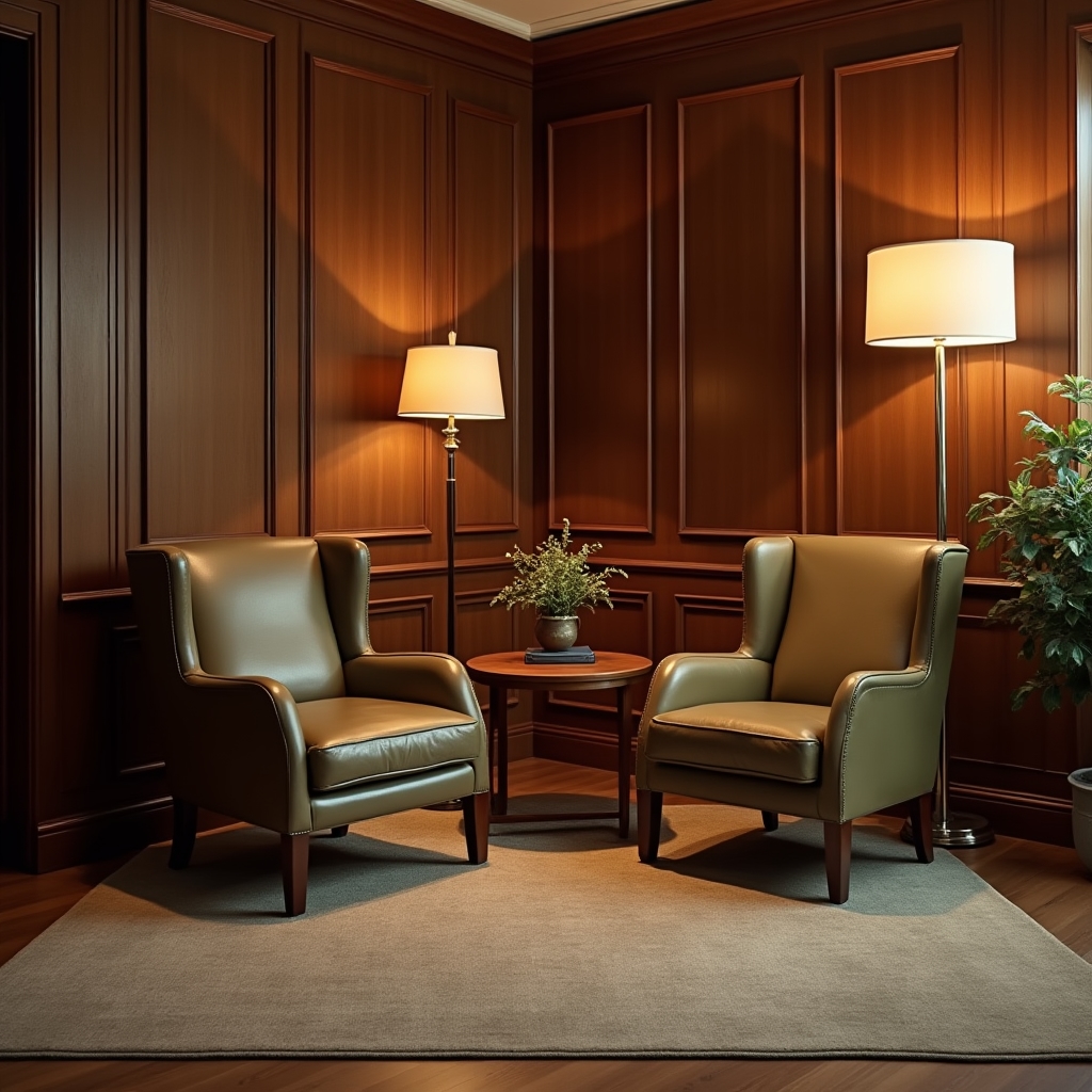Comfortable consultation area at Neveho with warm lighting, professional furniture, and a calm, focused atmosphere
